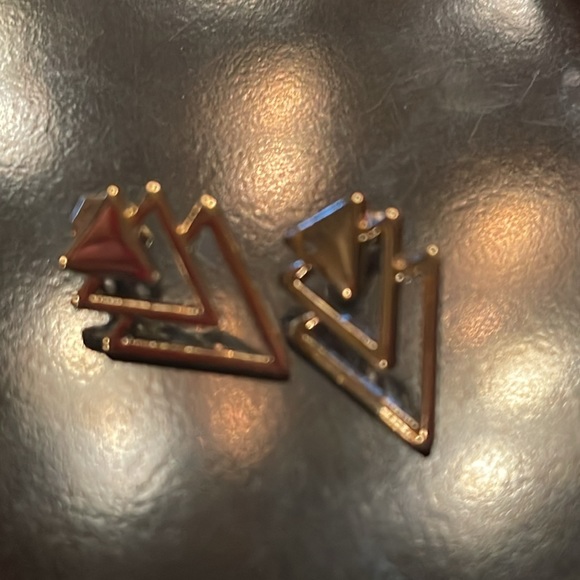 Earrings- 3 pair of gold tone earrings-hoops, long figure 8, & triangle shaped. - Picture 6 of 6